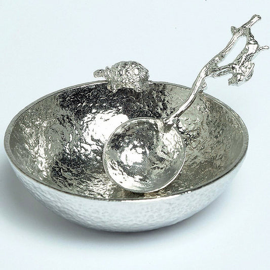 Hare and Tortoise pewter bowl and spoon set. A 9cm diameter textured circular pewter bowl, inspired by the well-known Aesop fable, with a delightful tortoise on the edge of the dish & an accompanying hare spoon. UK handmade