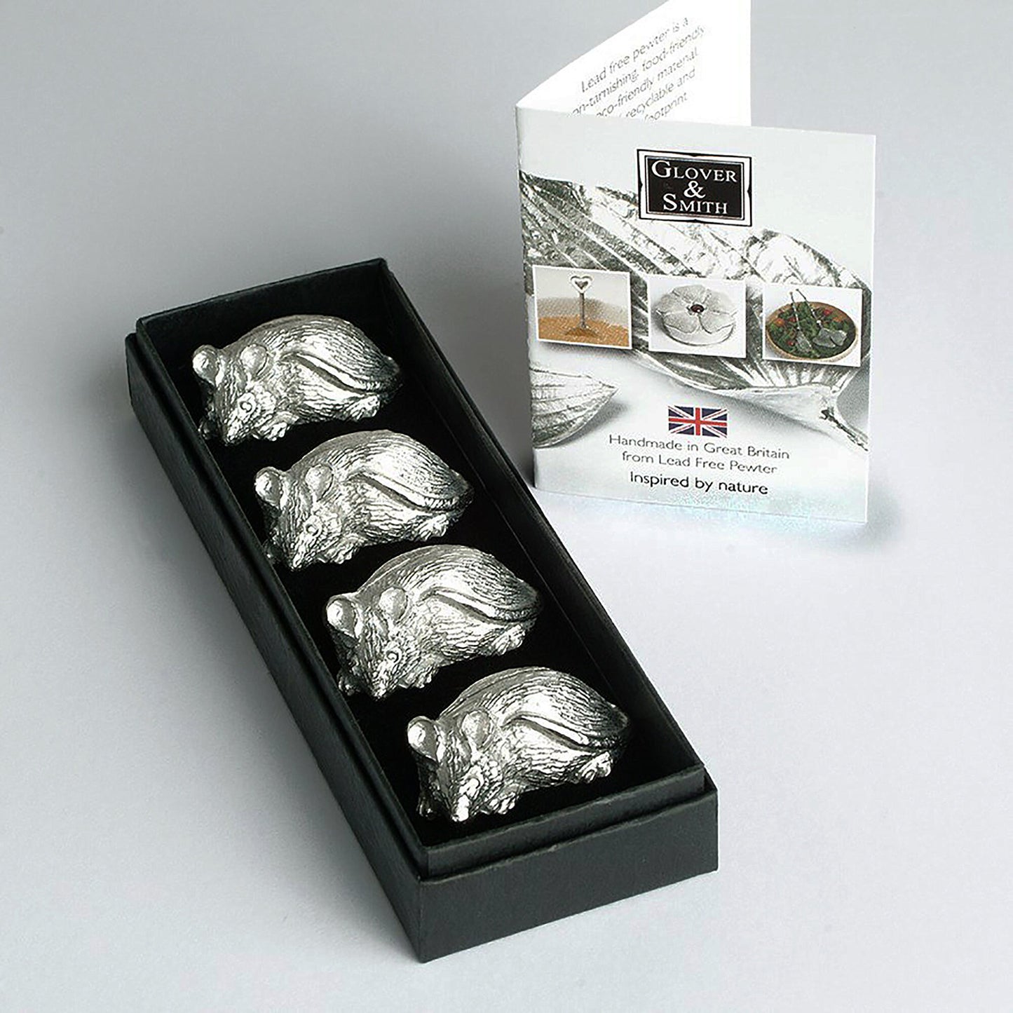 A set of 4 charming mouse cheese markers. Our mouse card holders are handmade in solid polished lead-free pewter. A wonderful and unusual housewarming gift & the perfect finishing touch to any dining table.