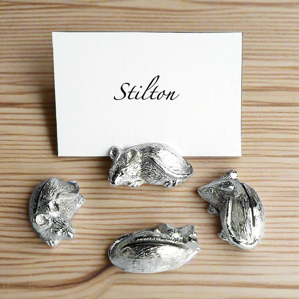 A set of 4 charming mouse cheese markers. Our mouse card holders are handmade in solid polished lead-free pewter. A wonderful and unusual housewarming gift & the perfect finishing touch to any dining table.