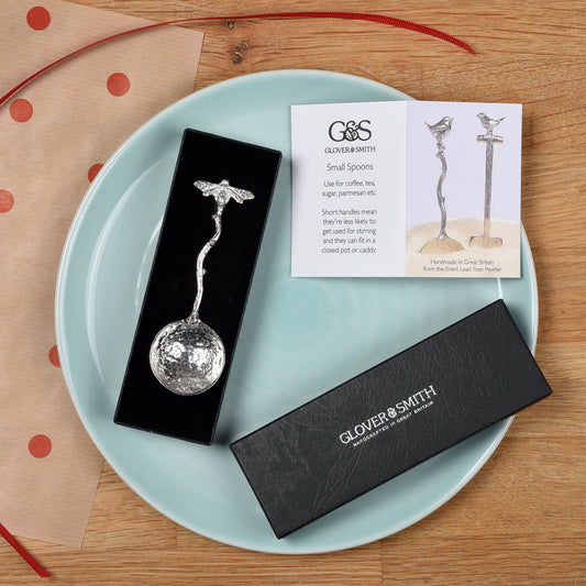 Handmade pewter bee sugar spoon in gift packaging by Glover and Smith