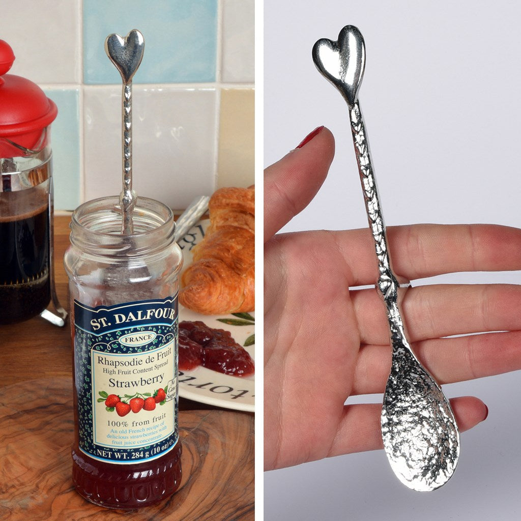 A collection of jam spoons, jar spoons, jelly spoons. Long pewter spoons with a hook to hang it from a jam jar. Useful spoon gifts to use every day. Each one has a different top, featuring British countryside animals, nature and heritage