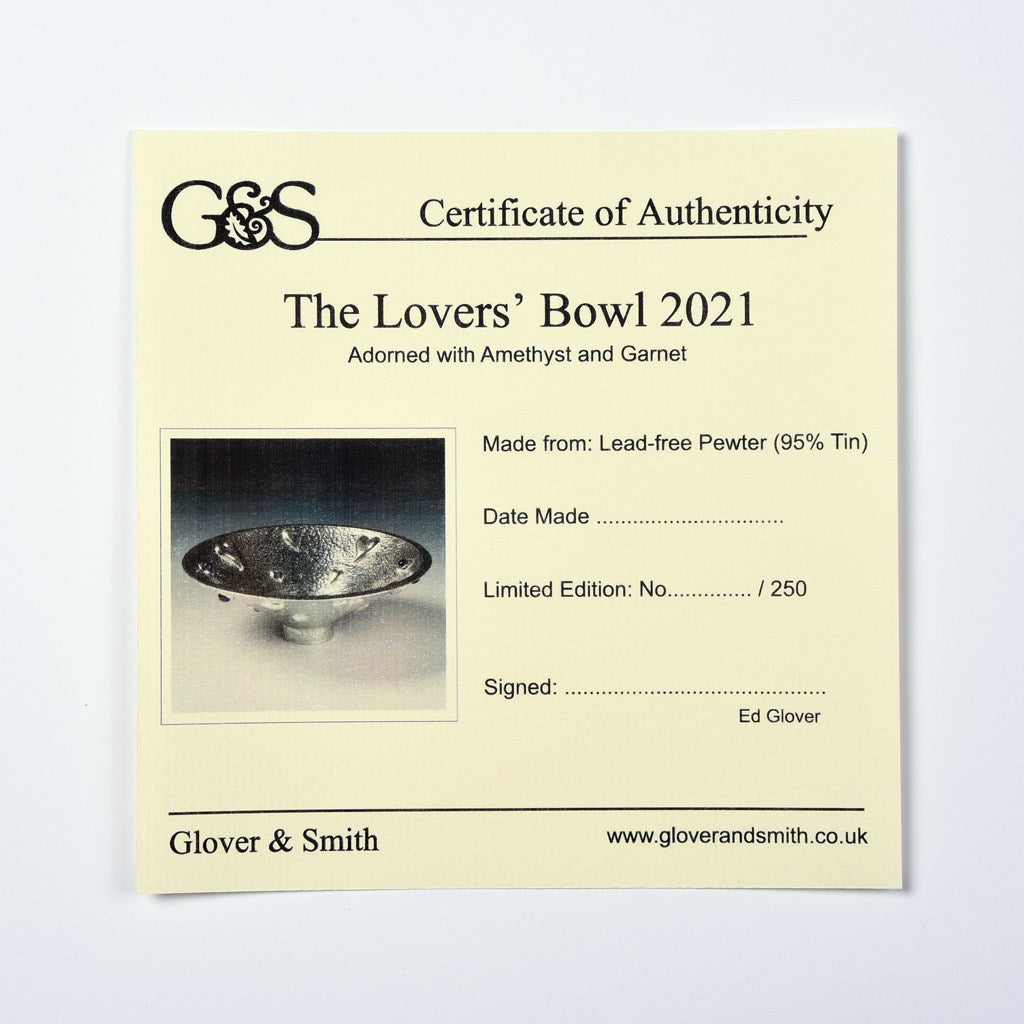  A large round pewter bowl encrusted on hearts, amethysts & garnets. The designated material for a tenth wedding Anniversary is tin. Our Lovers bowl makes the perfect 10th Tin 10 year wedding anniversary gift (our pewter is 95% tin). Edition of 250