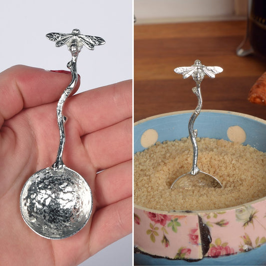 A small spoon pewter sugar spoon with a bee on the end of a twig handle. Unusual, useful and tactile gifts for bee lovers, bee gifts handmade in the UK