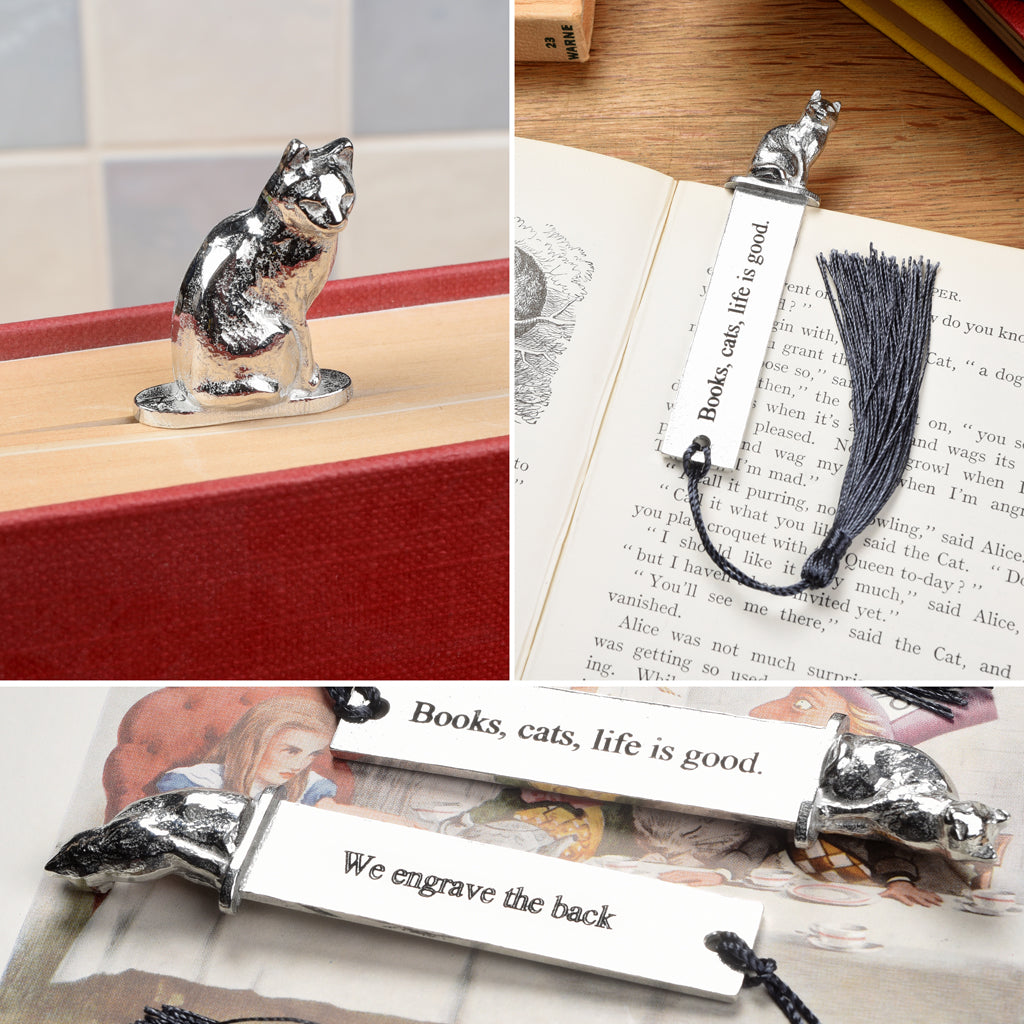 A personalised engraved pewter metal  bookmark with a cat sculpture on the top. On the front the quotation 'Books, cats, life is good'. We engrave the back with your message. Gifts for cat lovers, book lovers gifts, cat gifts.