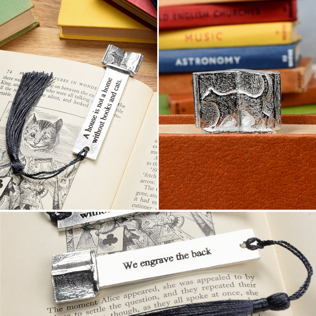 A personalized engraved pewter metal  bookmark with a cat silhouette wandering across an open book on the top. On the front the quote 'A house is not a home without books and cats'. We engrave the back with your message. Gifts for cat lovers, book lovers gifts, cat gifts.