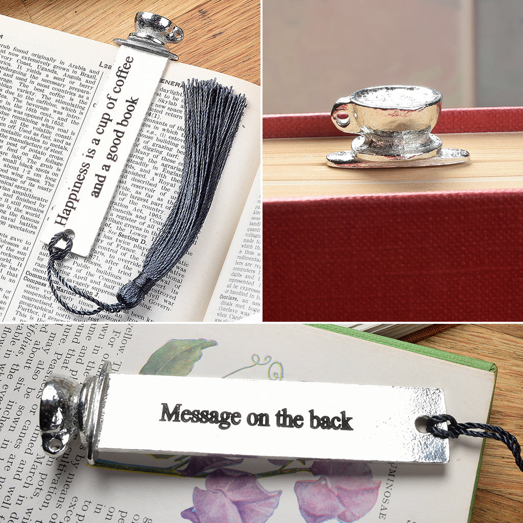 A personalzed engraved pewter metal  bookmark with a coffee cup on the top. On the front the quote 'Happiness is a cup of coffee and a good book'. We engrave the back with your message. Gifts for coffee lovers, book lovers gifts.