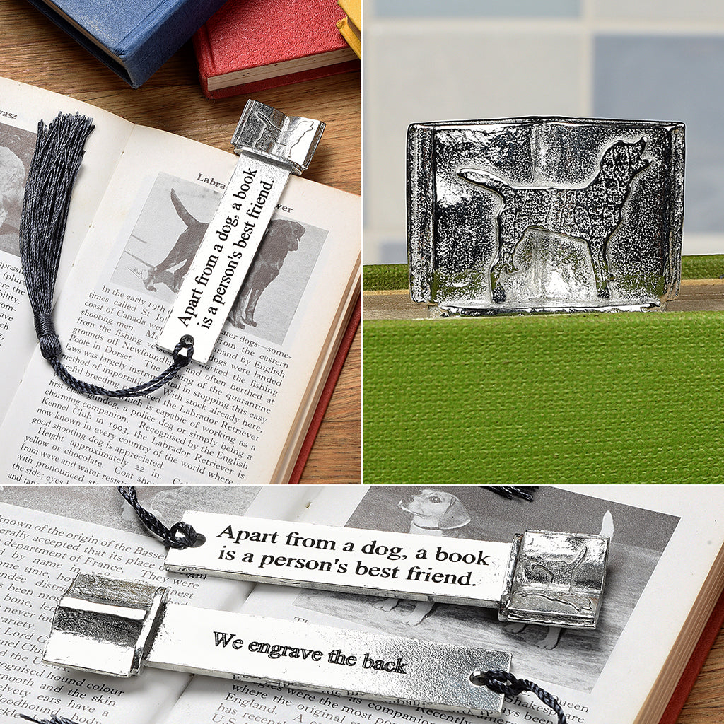 A personalized engraved pewter metal  bookmark with a dog silhouette on an open book on the top. On the front the quote 'Apart from a dog, a book is a person's best friend'. We engrave the back with your message. Gifts For Dog Lovers, book lovers gifts, dog gifts.