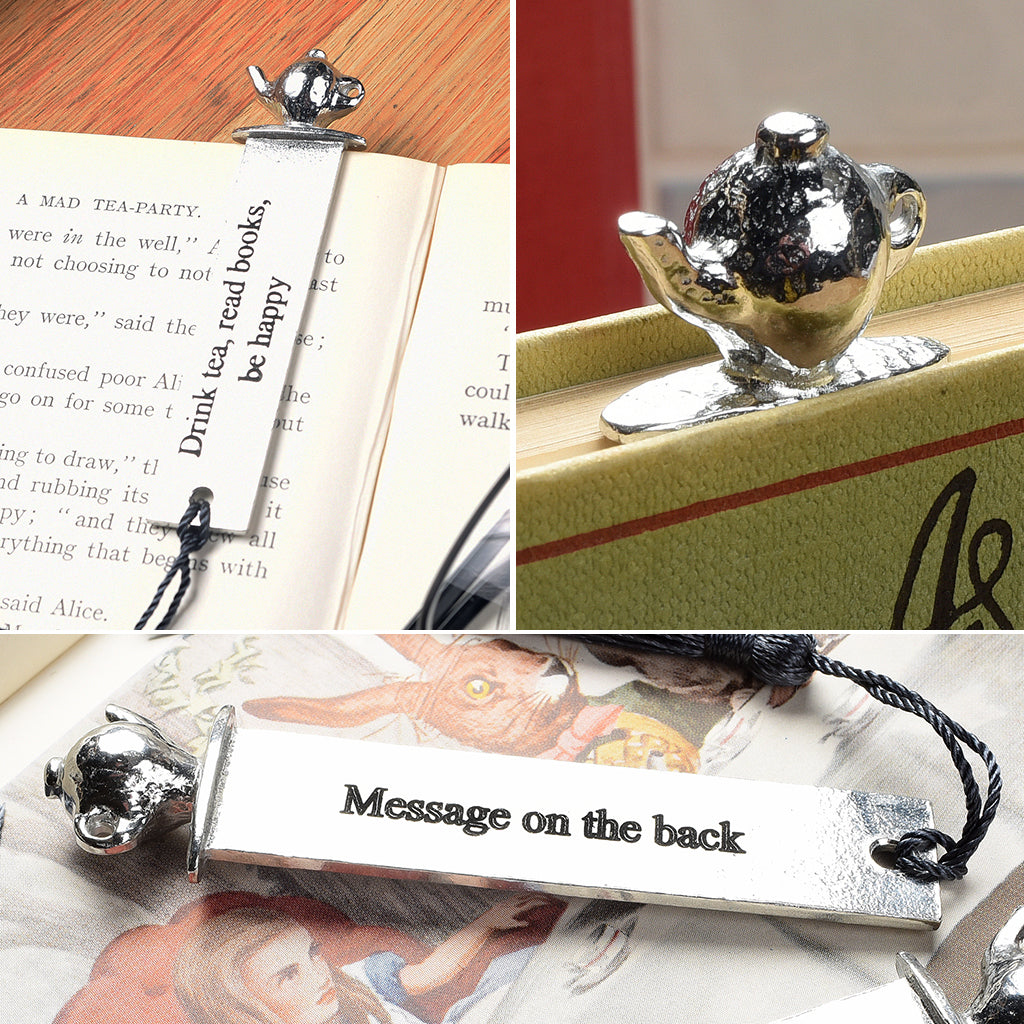 A personalized engraved pewter metal  bookmark with a teapot on the top. On the front the quote 'Drink tea, read books be happy'. We engrave the back with your message. Gifts for tea lovers, book lovers gifts.