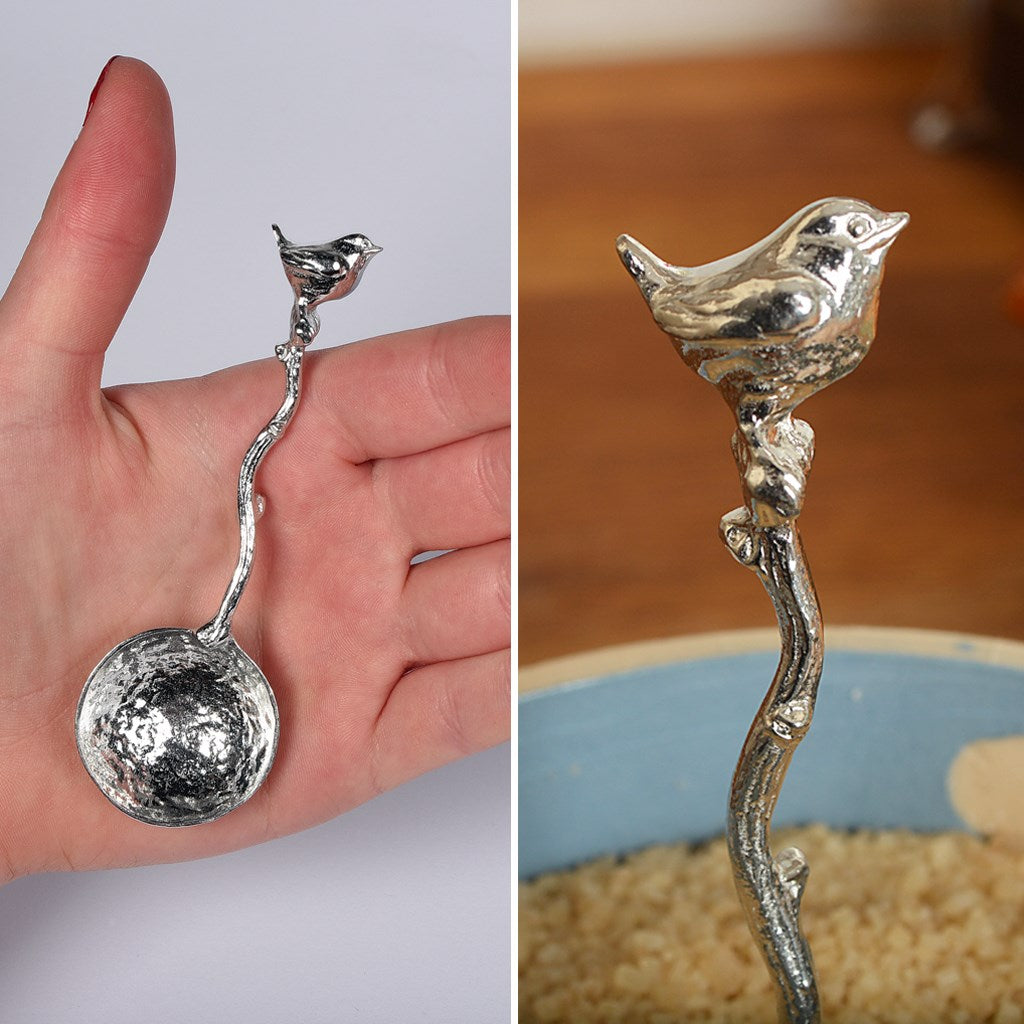 A small spoon pewter sugar spoon with a wren bird on the end of a twig handle. Unusual, useful and tactile gifts for bird lovers, Jenny wren gifts handmade in the UK