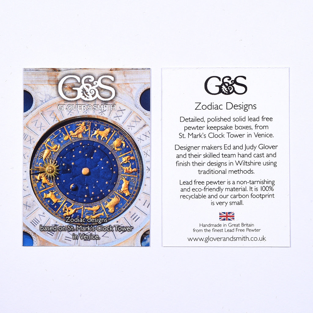 Zodiac design pewter trinket box information card. Glover and Smith handmade pewter