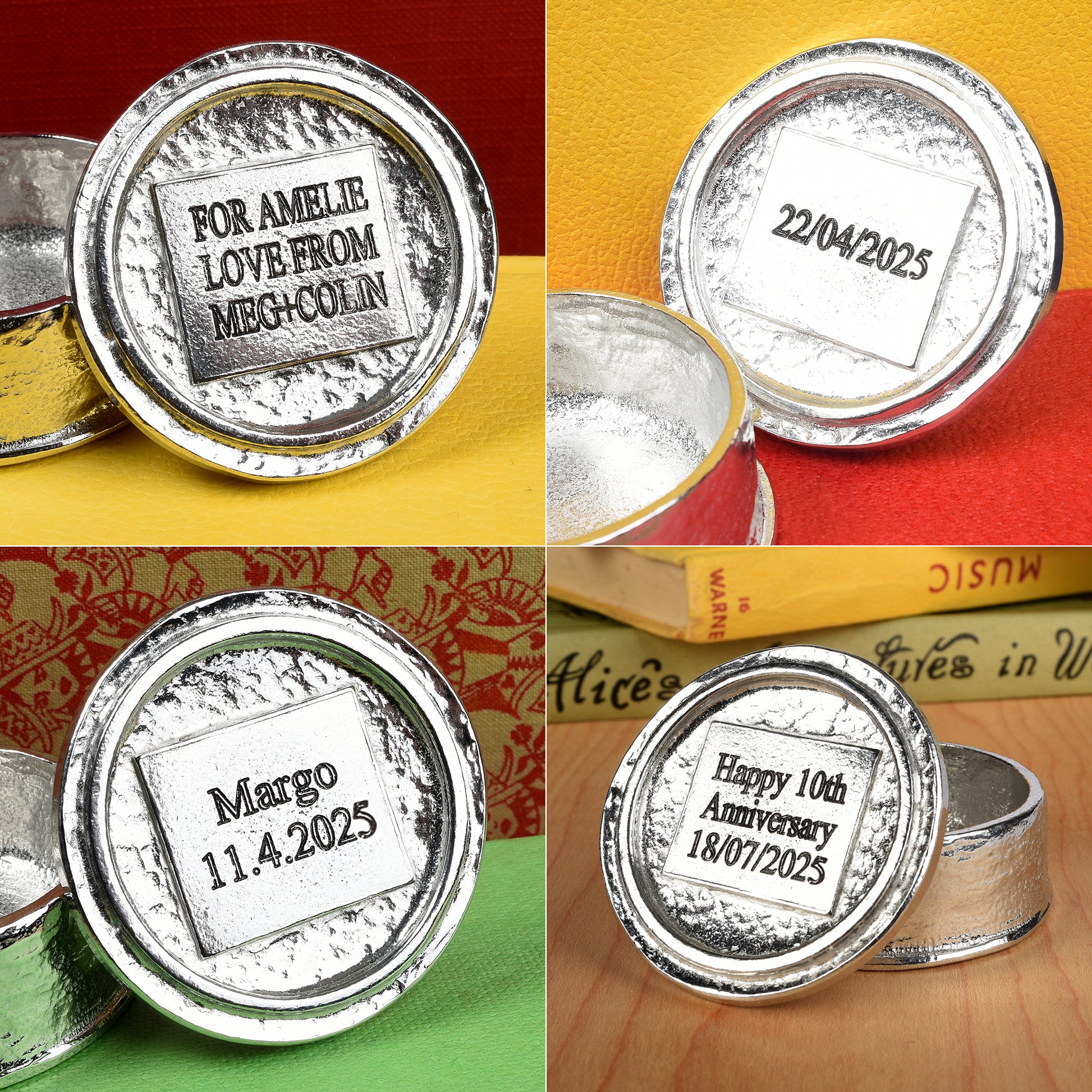Engraved pewter box lids. Personalised gifts UK
