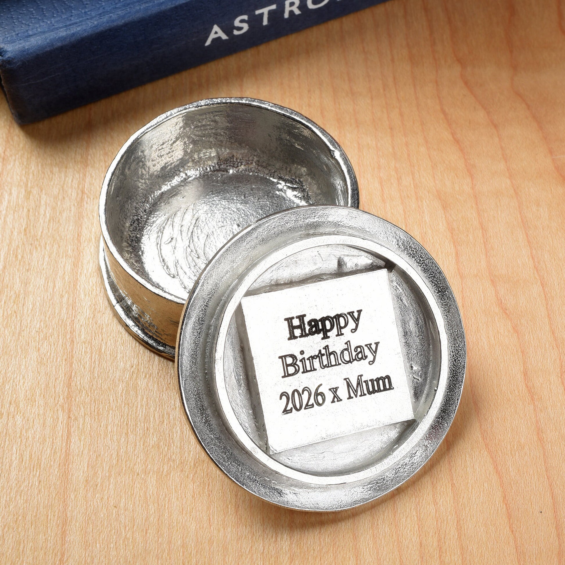 Glover and Smith pewter showing engraving on the underside of a pewter box lid. Personalised pewter gifts.