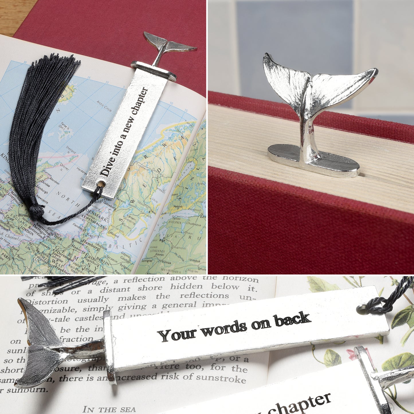 A personalised engraved pewter metal  bookmark with a diving dolphin tail on the top. On the front the quotation 'Dive into a new chapter'. New chapter gifts, dolphin gifts, personalised gifts, new job gifts. We engrave the back with your message