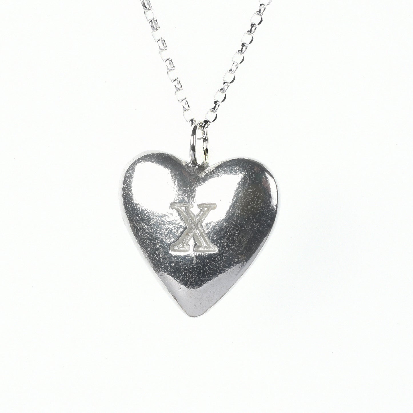 10th Anniversary gifts for her, tin gifts. A stylish and elegant pewter heart necklace with a X (signifying 10) engraved onto one side on an 18 inch Sterling silver chain.
