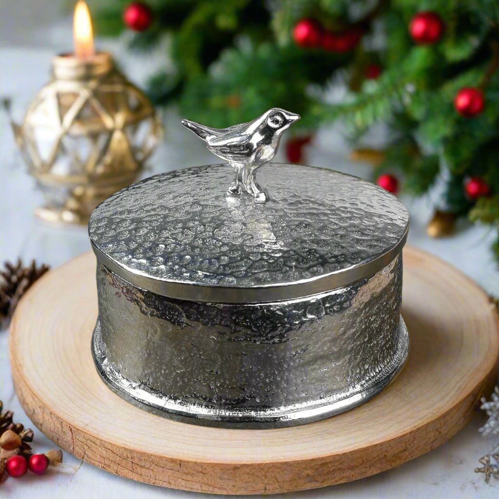 Robin pewter trinket box with personalised engraved underside of lid