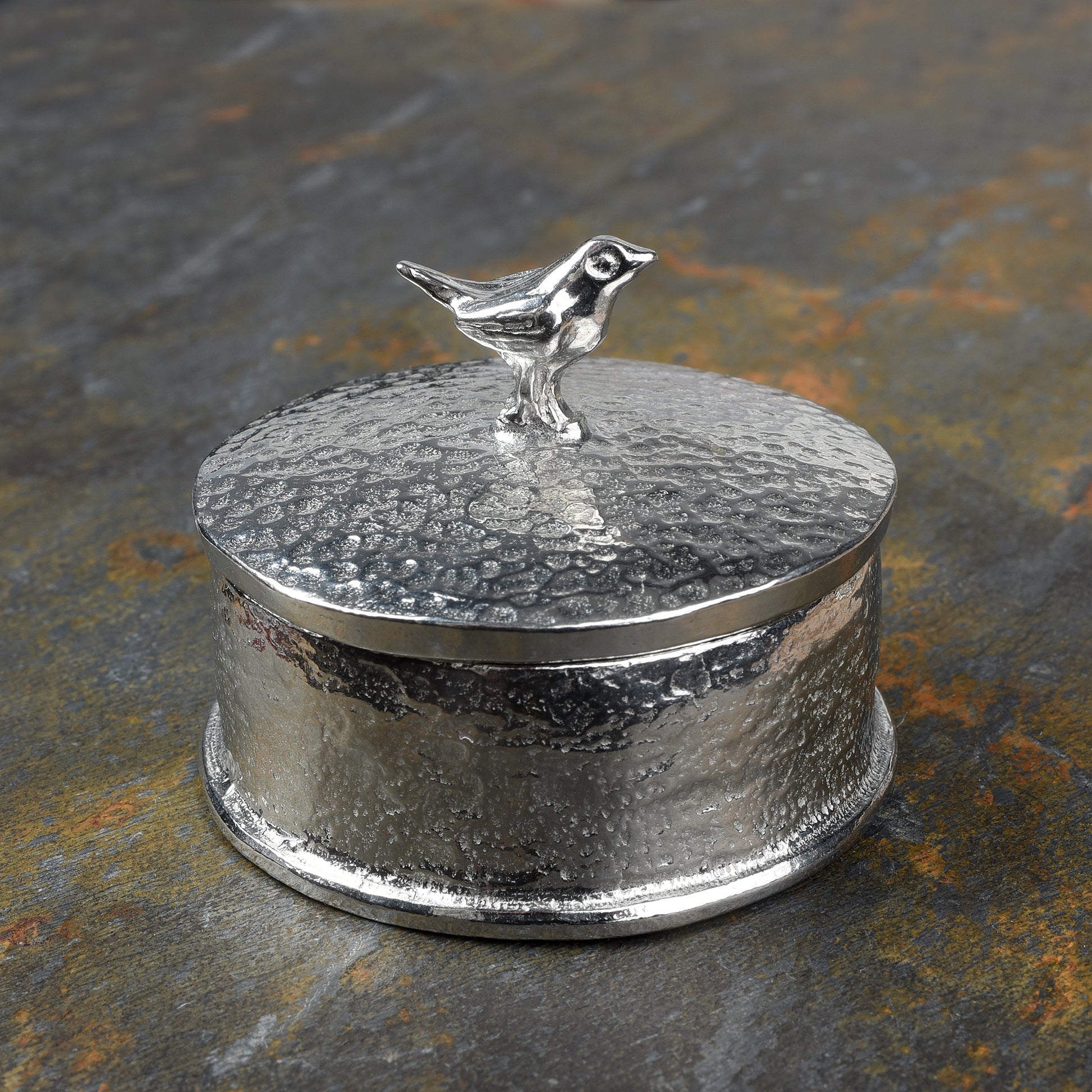 Robin pewter trinket box with personalised engraved underside of lid