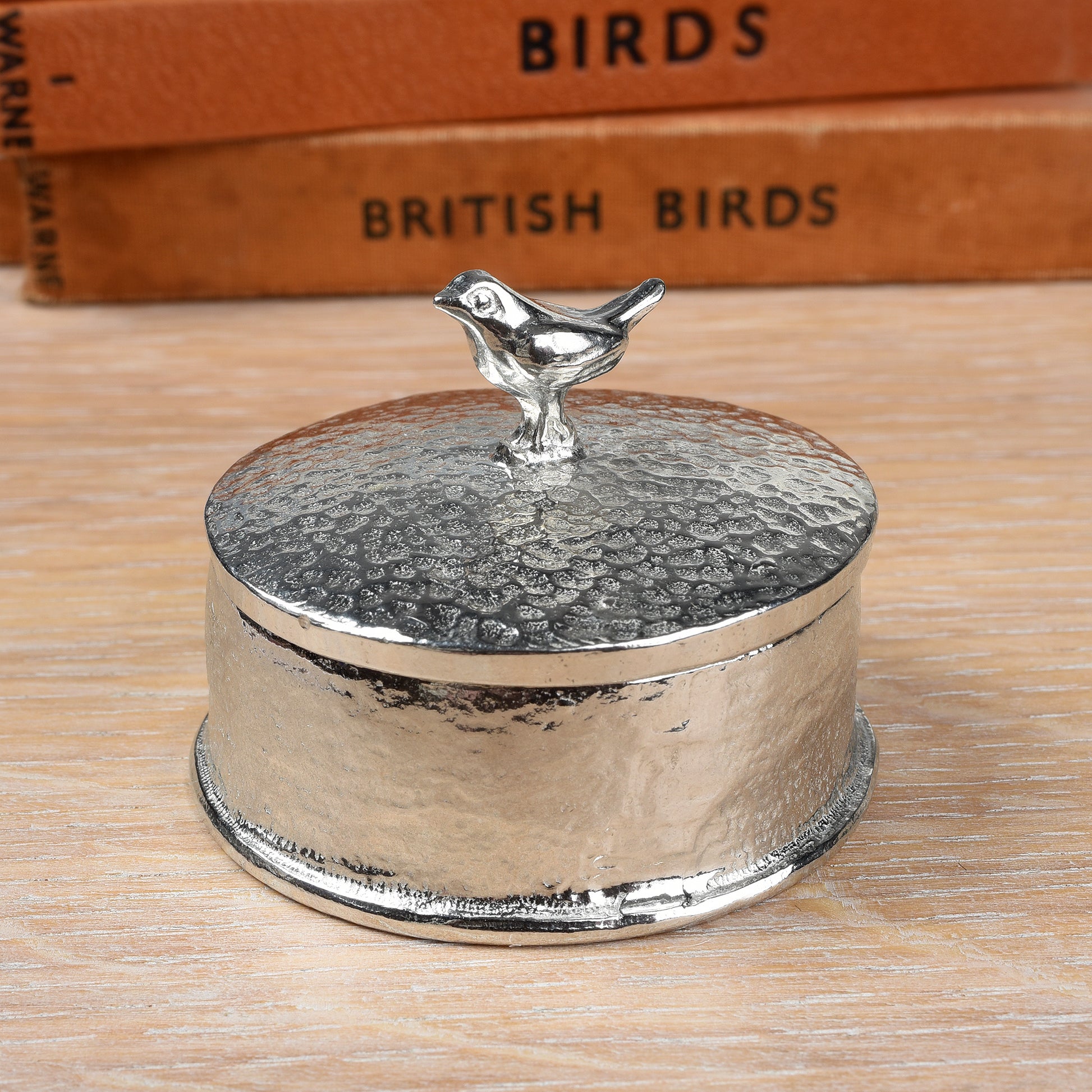 Robin pewter trinket box with personalised engraved underside of lid