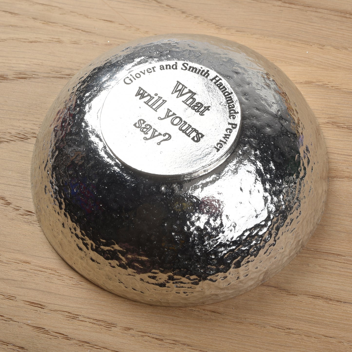 Pewter bowl showing personalised engraving on its base made by Glover and Smith