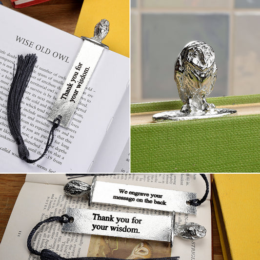 A personalized engraved pewter metal  bookmark with a owl sculpture on the top. On the front the quote 'Thank you for your wisdom'. We engrave the back with your message. Personalised teacher gifts. Thank You Gifts For Teachers