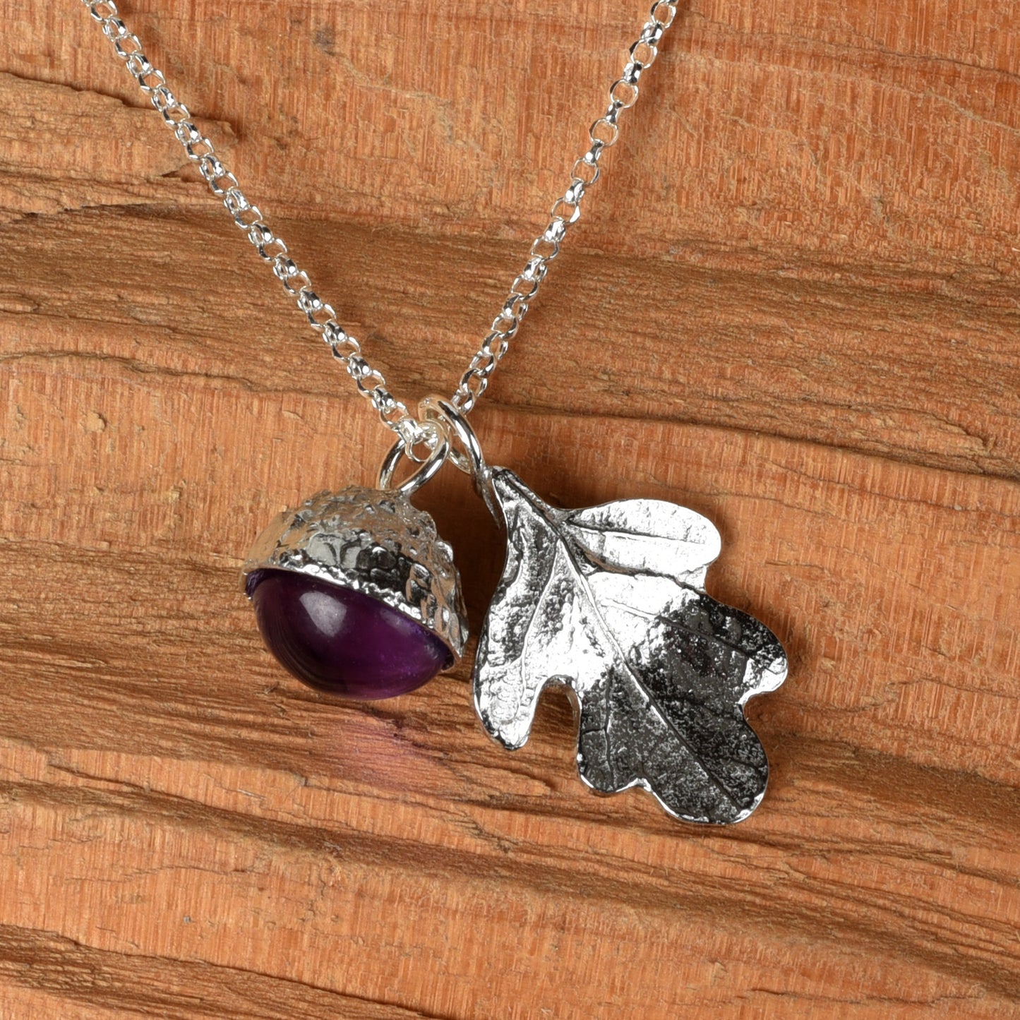 Pewter jewellery, an oak leaf necklace with an acorn cup with an amethyst stone in it, February birthstone jewellery on a Sterling silver chain