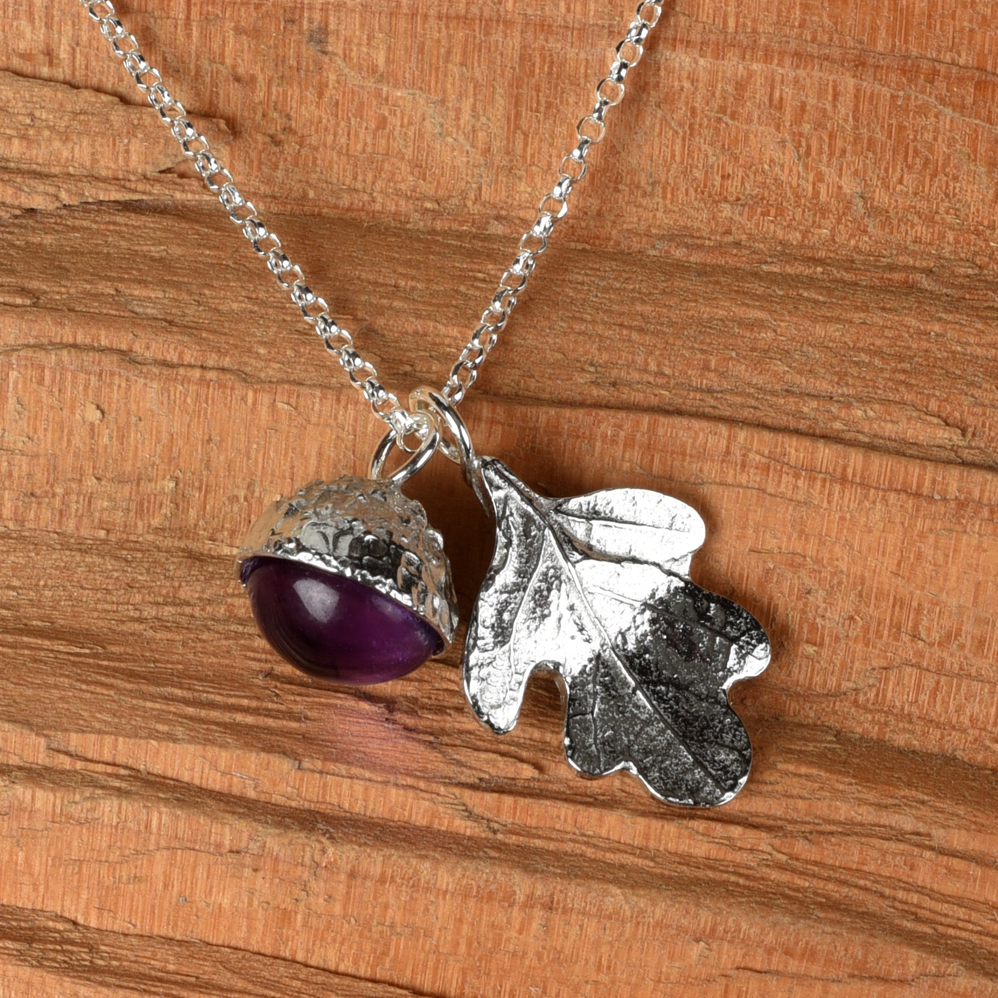 Pewter jewellery, an oak leaf necklace with an acorn cup with an amethyst stone in it, February birthstone jewellery on a Sterling silver chain