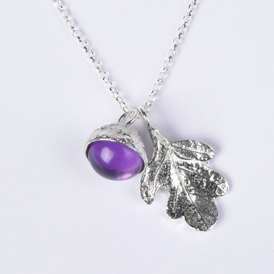 Pewter jewellery, an oak leaf necklace with an acorn cup with an amethyst stone in it, February birthstone jewellery on a Sterling silver chain