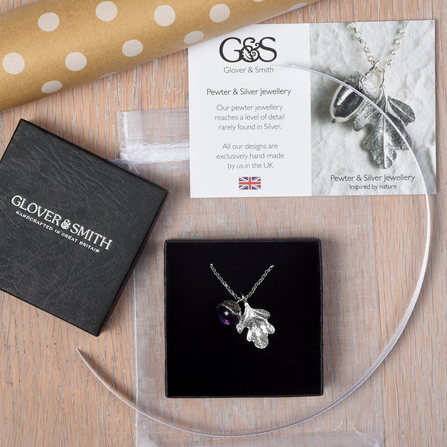 Pewter jewellery, an oak leaf necklace with an acorn cup with an amethyst stone in it, February birthstone jewellery on a Sterling silver chain