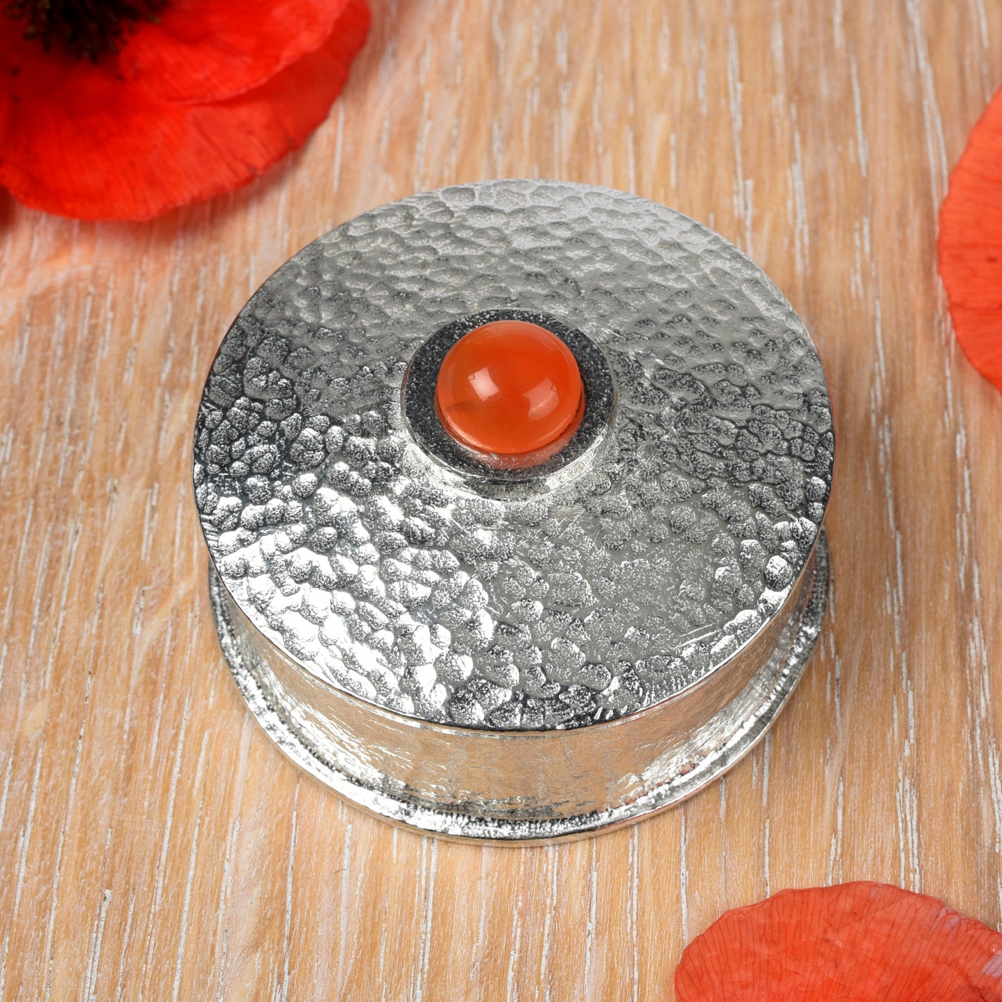 Personalised pewter box with a carnelian stone in the lid. July birthstone gifts