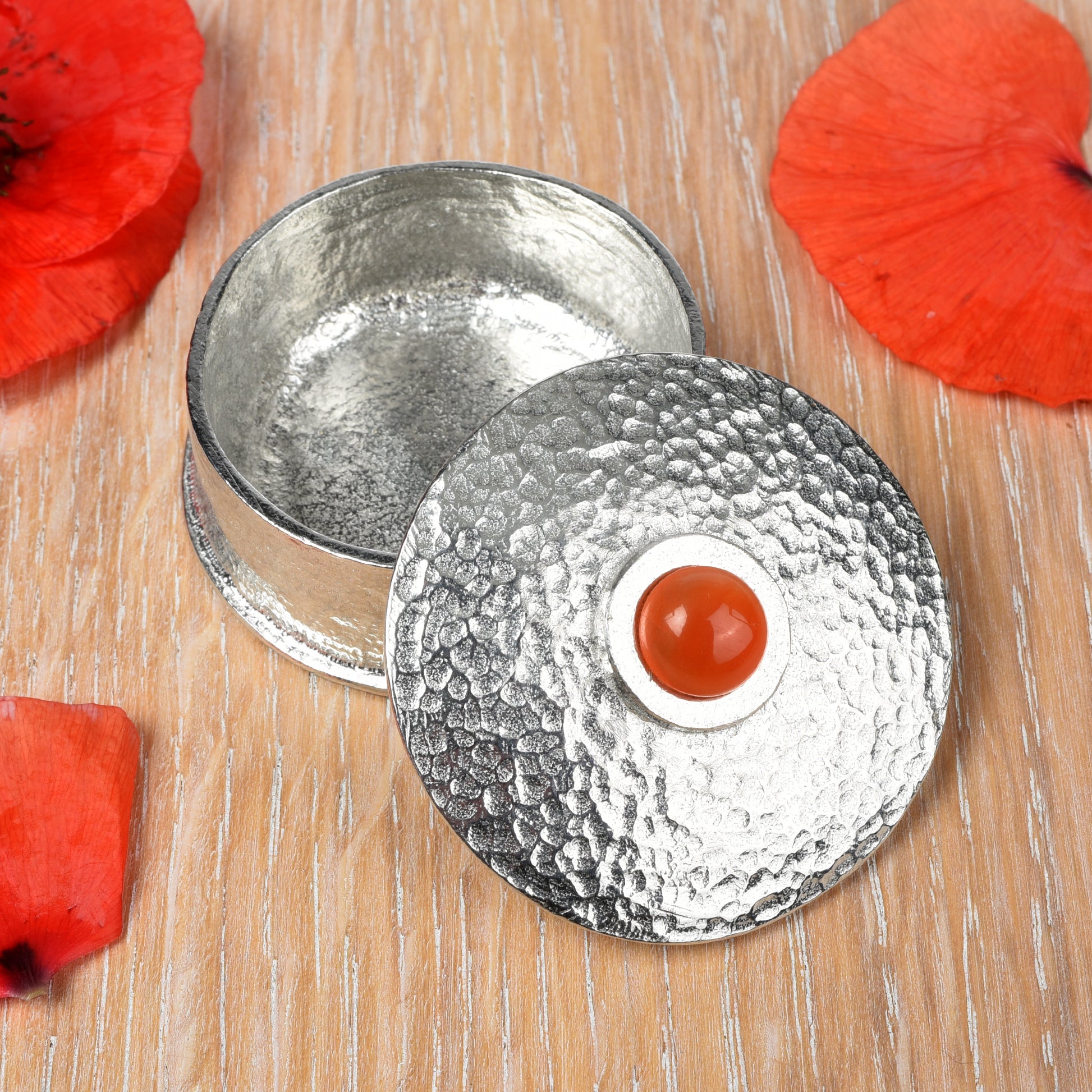 Personalised pewter box with a carnelian stone in the lid. July birthstone gifts