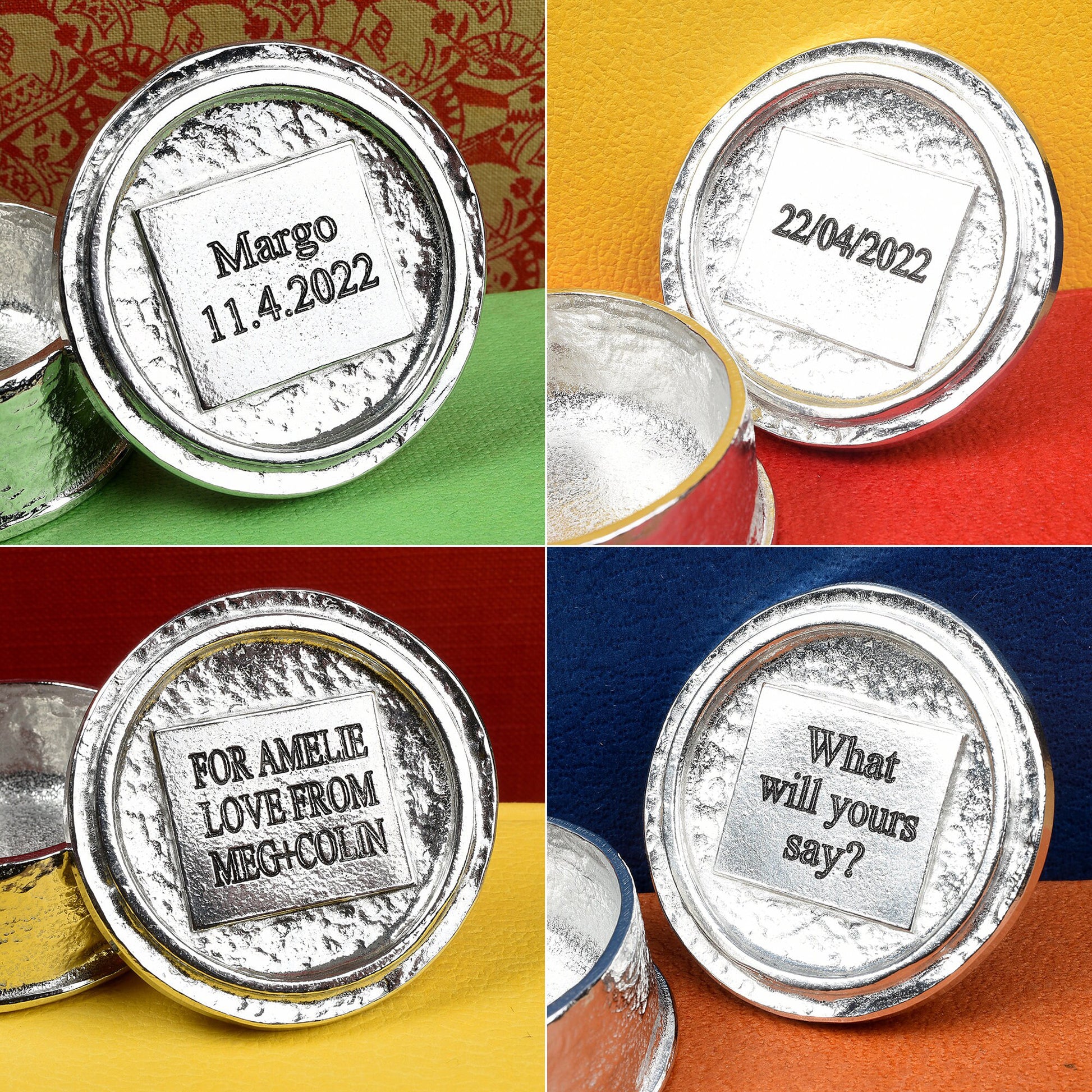 Engraved personalised box lids by Glover and Smith handmade pewter