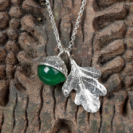 Pewter jewellery, an oak leaf necklace with an acorn cup with an green agate stone in it, May birthstone jewellery on a Sterling silver chain.