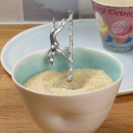 Greyhound pewter sugar spoon, A sleek greyhound runs along a branch to form the spoon handle. With a round spoon bowl. Gifts for dog lovers. 