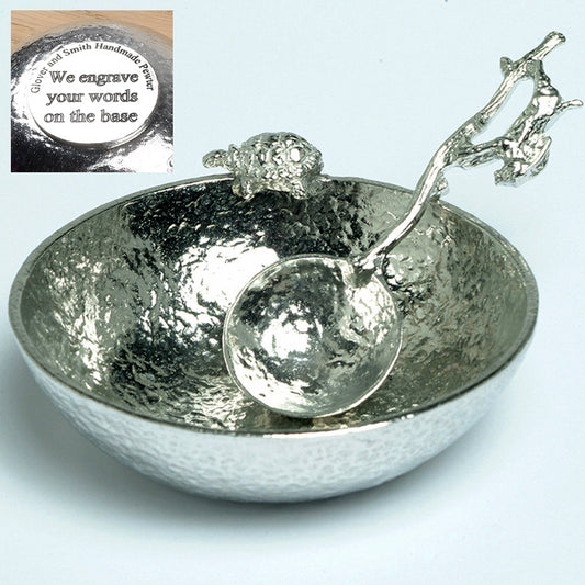 Hare and Tortoise pewter bowl and spoon set. We engrave the base, personalised gifts. A 9cm diameter textured circular pewter bowl, inspired by the well-known Aesop fable, with a delightful tortoise on the edge of the dish & an accompanying hare spoon. UK handmade