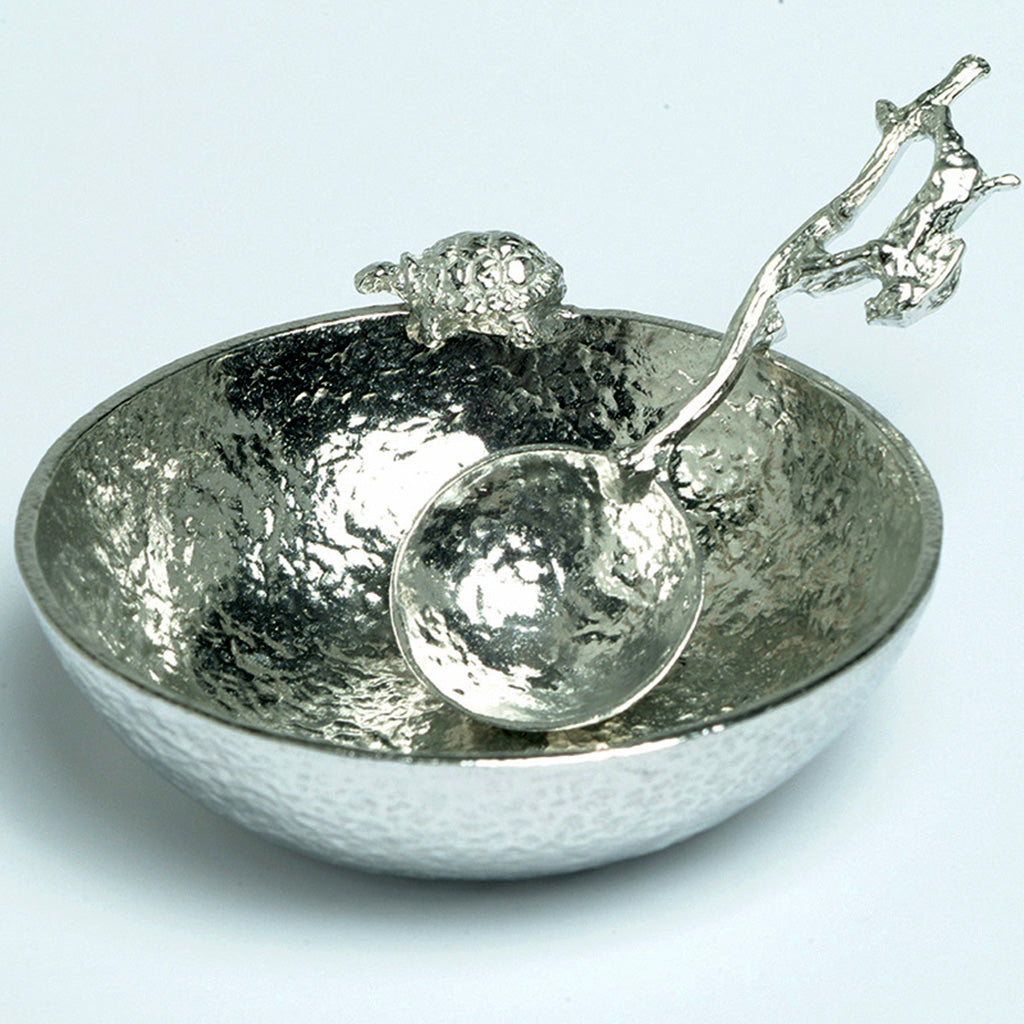 Hare and Tortoise pewter bowl and spoon set. We engrave the base, personalised gifts. A 9cm diameter textured circular pewter bowl, inspired by the well-known Aesop fable, with a delightful tortoise on the edge of the dish & an accompanying hare spoon. UK handmade
