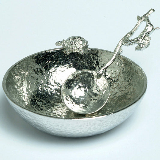 Hare and Tortoise pewter bowl and spoon set. We engrave the base, personalised gifts. A 9cm diameter textured circular pewter bowl, inspired by the well-known Aesop fable, with a delightful tortoise on the edge of the dish & an accompanying hare spoon. UK handmade