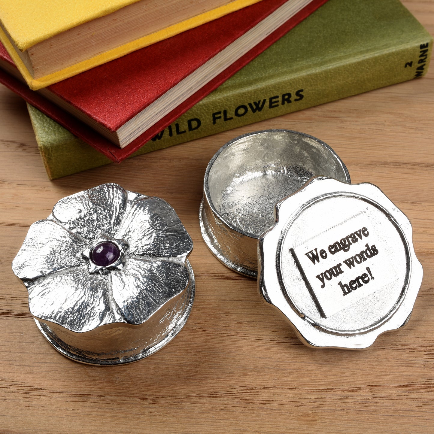 Personalised Flower Pewter Trinket Box With Amethyst Stone
