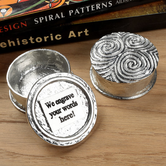 A detailed Neolithic Spiral of Life Treskelion pewter trinket box. We can engrave your message on the lid. The lid features a relief of the spiral of life found in many Neolithic carvings. Celtic gifts.