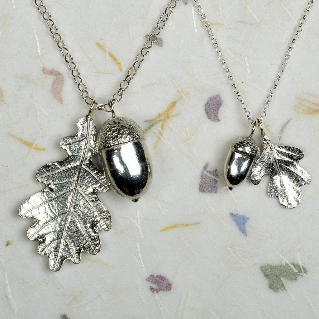 Oak leaf and acorn necklaces by Glover and Smith. Large on the left, small on the right