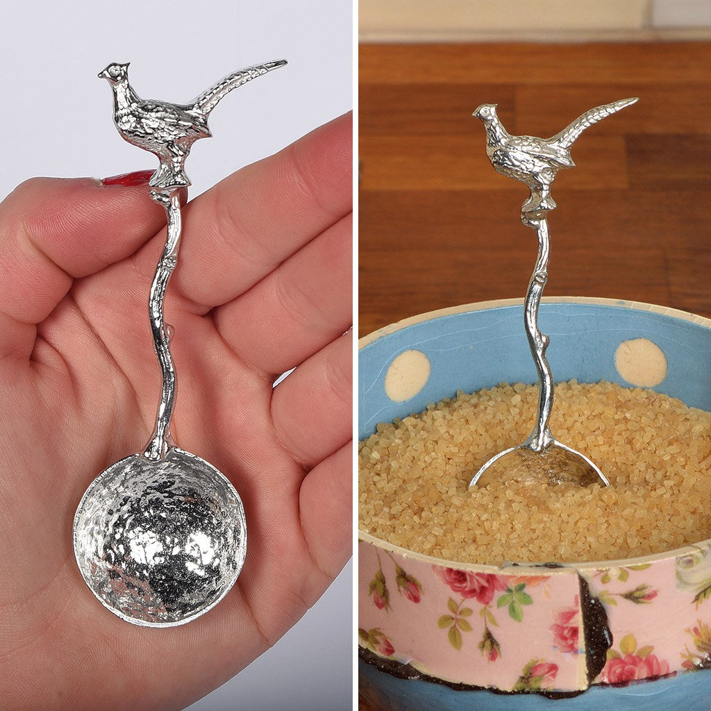 A small spoon pewter sugar spoon with a detailed pheasant on  a twig handle. Unusual, useful and tactile gifts for nature lovers, pheasant shooting gifts handmade in the UK useful countryside gifts