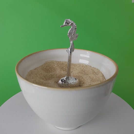 Video of a handmade pewter spoon with a seahorse on the handle. The spoon is in a revolving sugar bowl.