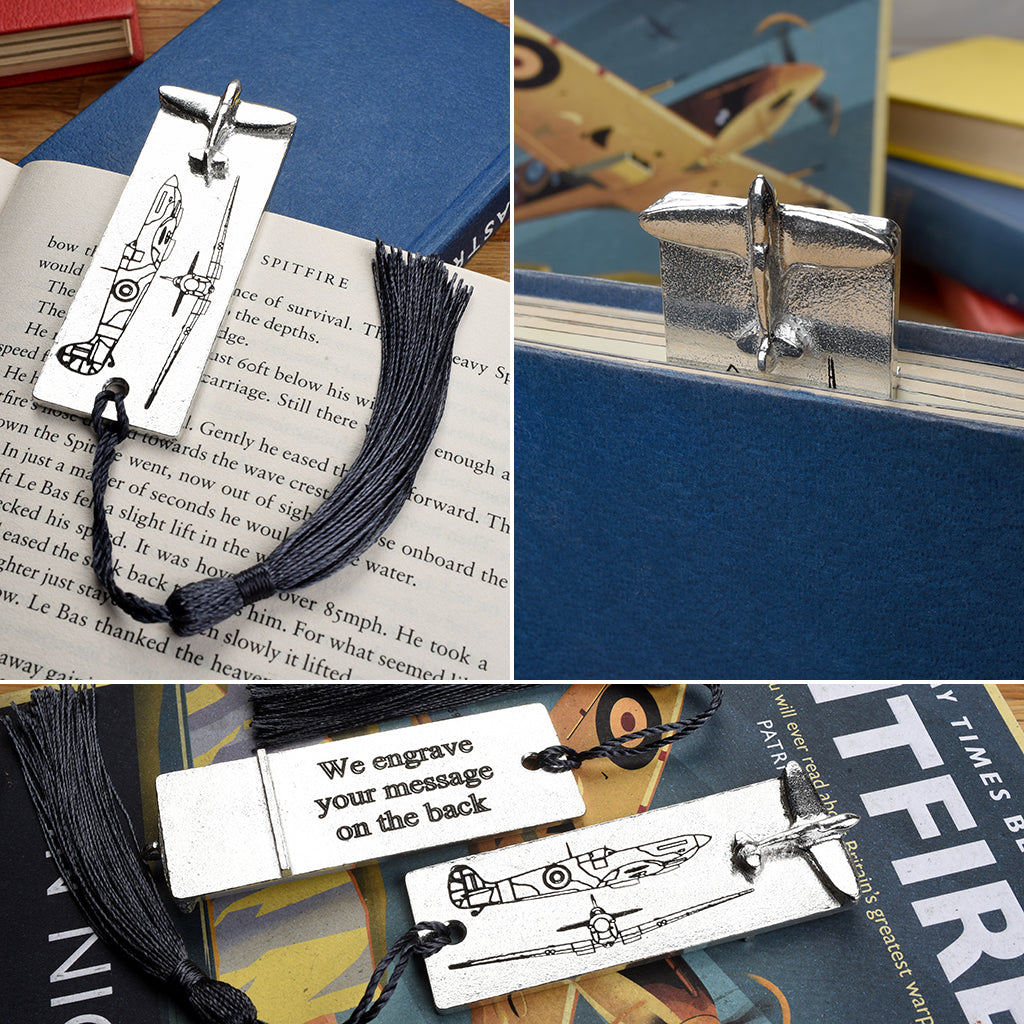 A personalized engraved pewter metal  bookmark with a Spitfire aeroplane sculpture on the top. On the front are blueprint drawings of a mark IX Spitfire. We engrave the back with your message. Personalized Spitfire gifts.