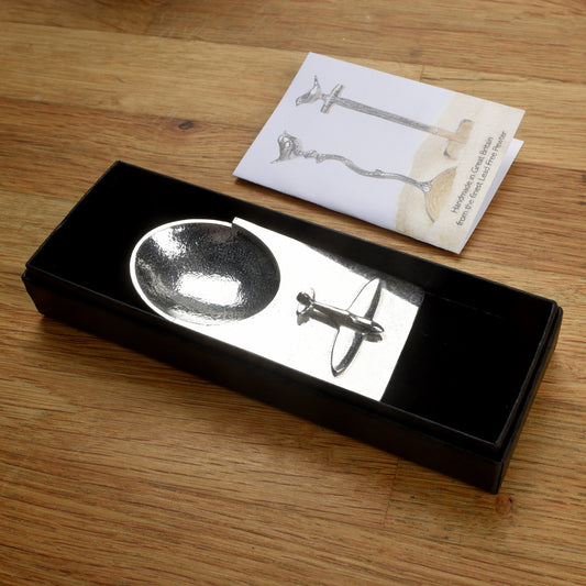 A personalised Spitfire pewter coffee measure scoop spoon. We engrave the back of this contemporary coffee spoon with your own personal message, name or date. The spoon can also be used as a tea caddy spoon or a sugar spoon.