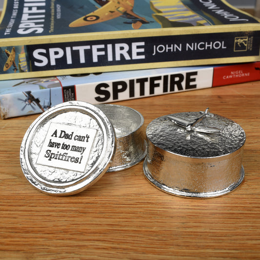 Spitfire gifts, a personalised, engraved 5 cm round pewter box with a Spitfire aeroplane sculpture on the lid. Gifts for Spitfire lovers.