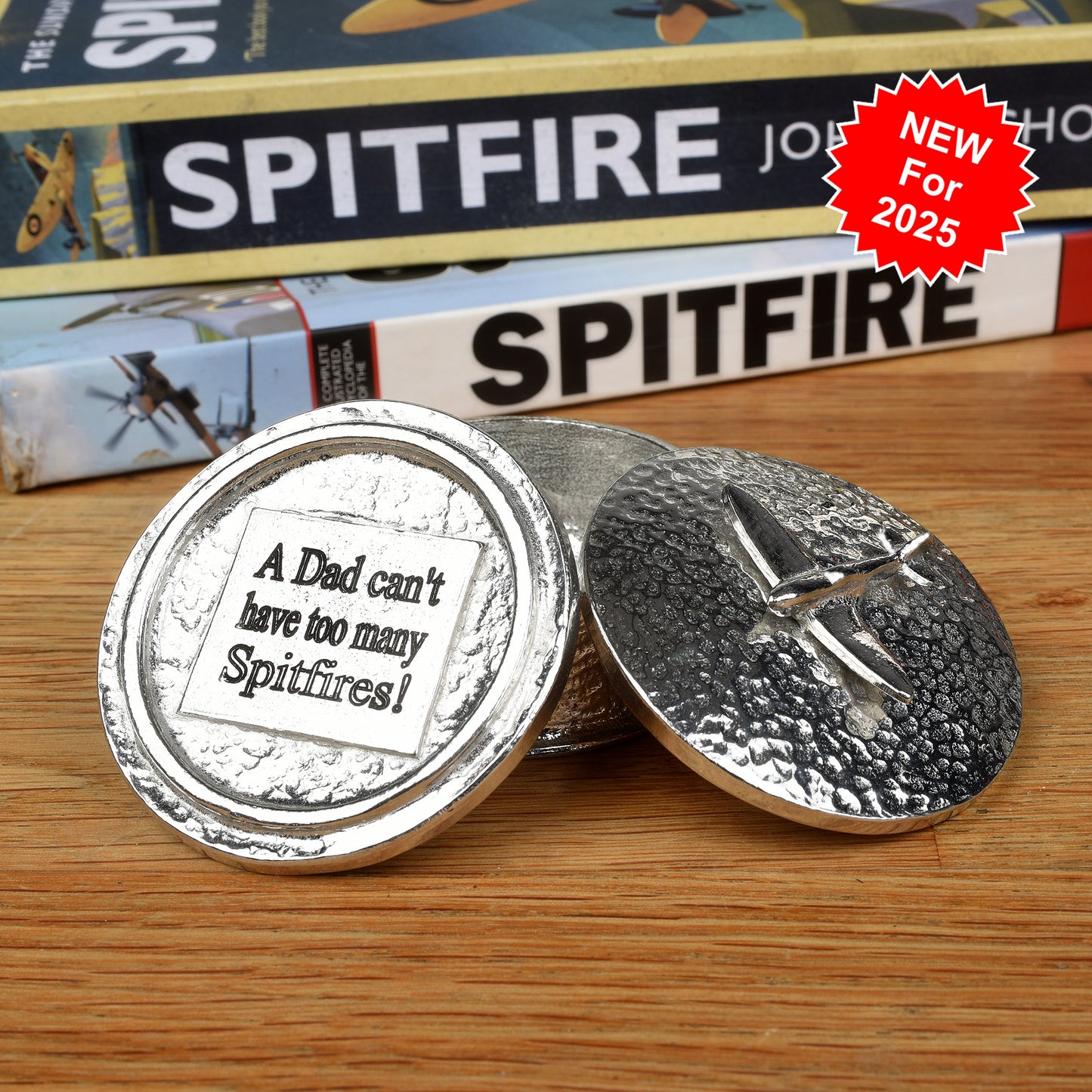 Spitfire gifts, a personalised, engraved 5 cm round pewter box with a Spitfire aeroplane sculpture on the lid. Gifts for Spitfire lovers.