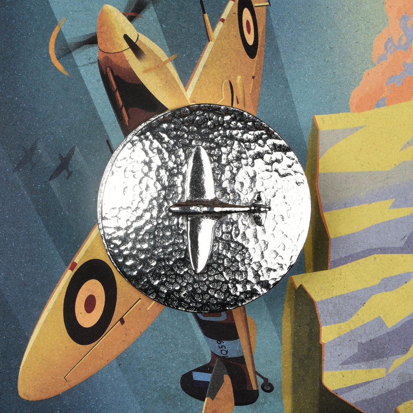 Spitfire gifts, a personalised, engraved 5 cm round pewter box with a Spitfire aeroplane sculpture on the lid. Gifts for Spitfire lovers.
