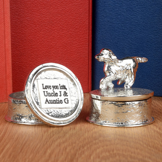 Spaniel pewter personalised trinket box. Our round spaniel keepsake box features a running springer spaniel sculpture as a handle. The underside of the lid can be engraved with your personalised message. Dog gifts, personalised gifts for dog lovers.