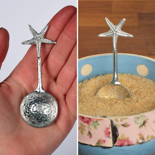 A small spoon pewter sugar spoon. A round bowled spoon on a straight handle leads to a perfectly sculpted starfish. Practical & useful nautical gifts for starfish lovers. UK handmade