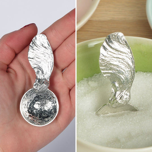 A small spoon pewter sugar spoon with an sycamore key handle. Ideal caddy spoon. Practical & useful leaf gifts for nature lovers. UK handmade