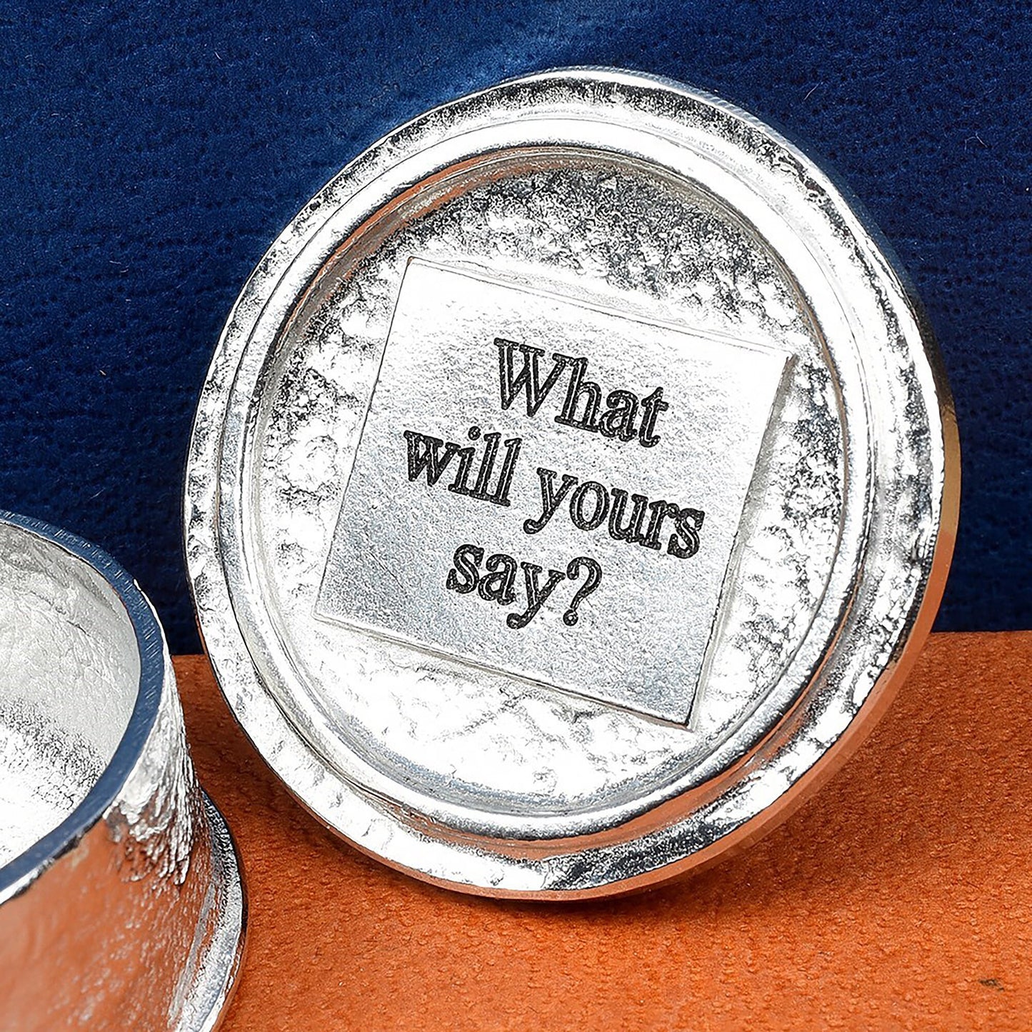 Glover and Smith pewter showing engraving on the underside of a pewter box lid. Personalised pewter gifts.