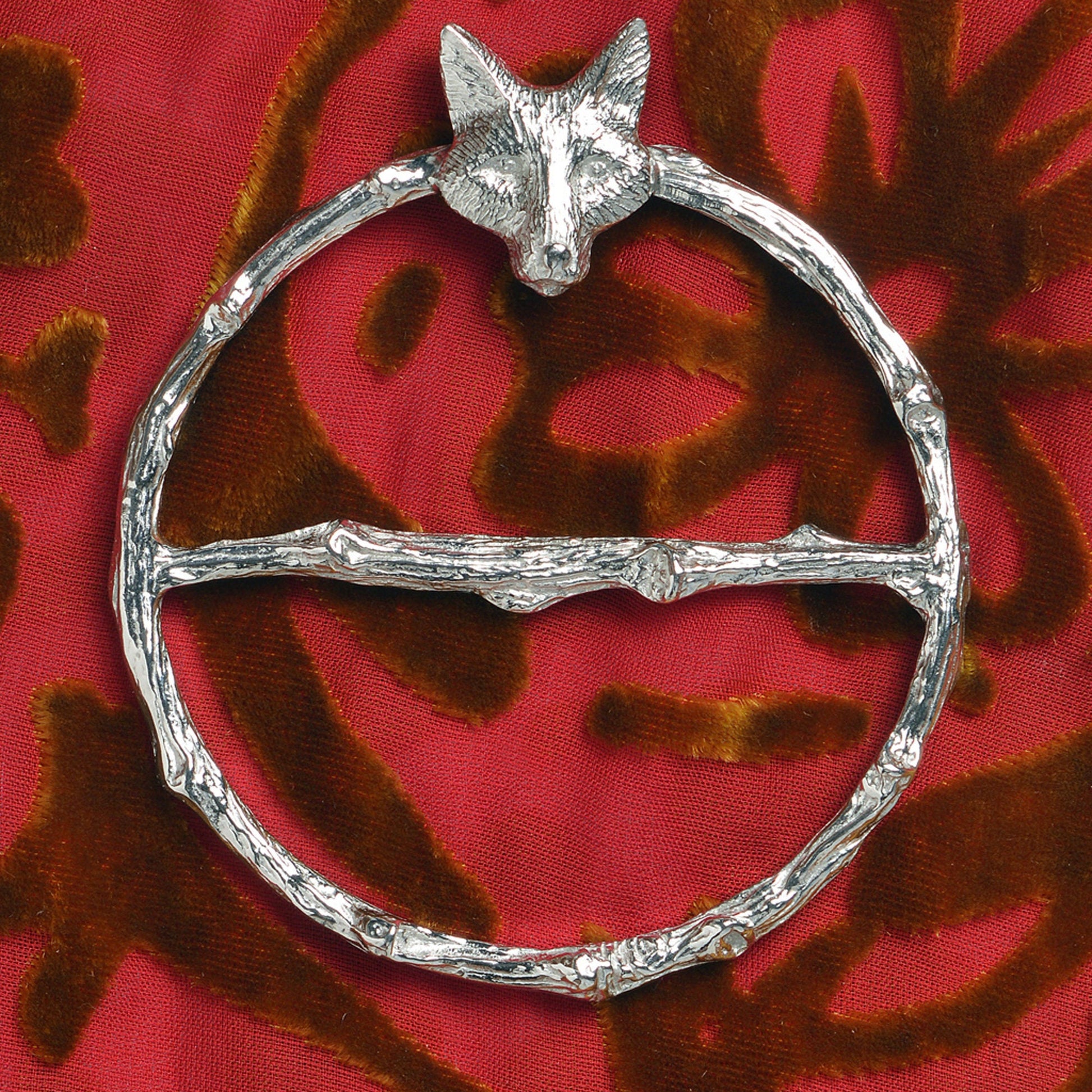 Fox scarf ring. A splendid fox head sits on the top of a twig textured ring on this decorative pewter ring for scarves. It will fit most large velvet, silk, cotton or wool scarves. Fox gifts, hunting gifts, gifts for fox lovers